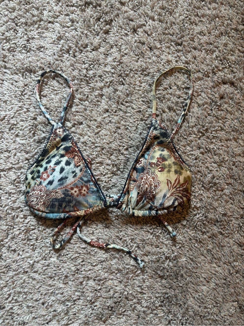Skatie Floral Paisley Triangle Bikini Top in Blue, Green, Brown